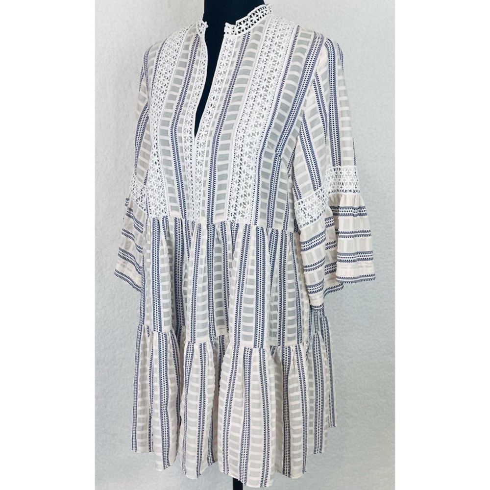 SANDRO • Ecru/White/Navy Stephanie Stripe Boho Lace-Trim Tiered Mini Dress, S - Picture 11 of 16